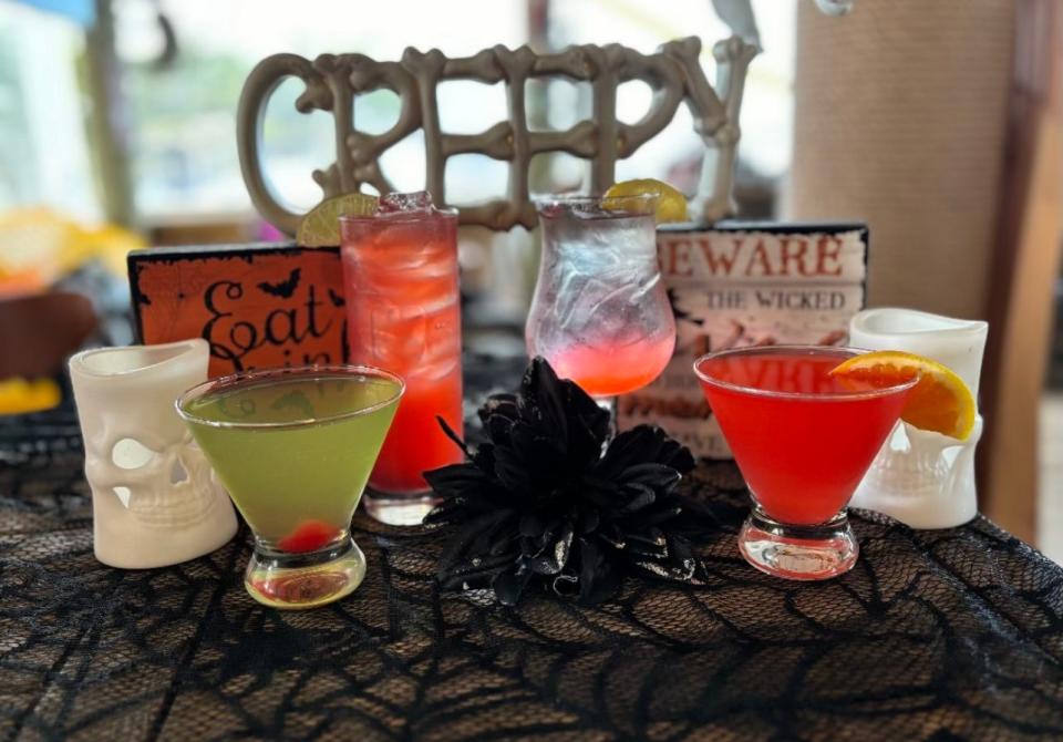 Halloween cocktails available at Sun Harbor Seafood and Grill in Barnegat, including (left to right) the Poison apple, Witches Brew, Vampire Kiss and Candy Corn-Tini.