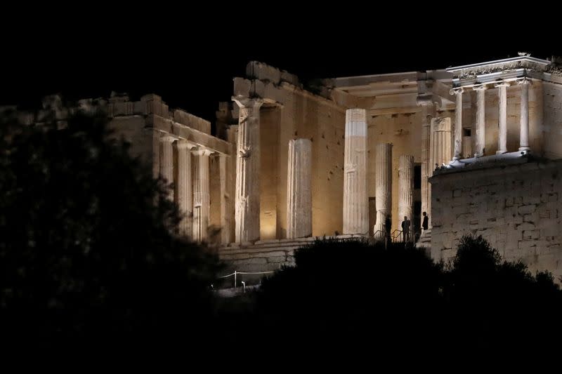 The ancient Acropolis hill is illuminated with new revamped, detailed lighting system, in Athens