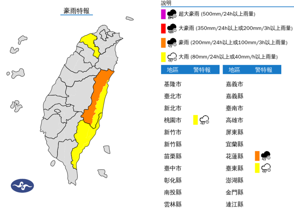  豪大雨特報。（圖取自中央氣象署網站）