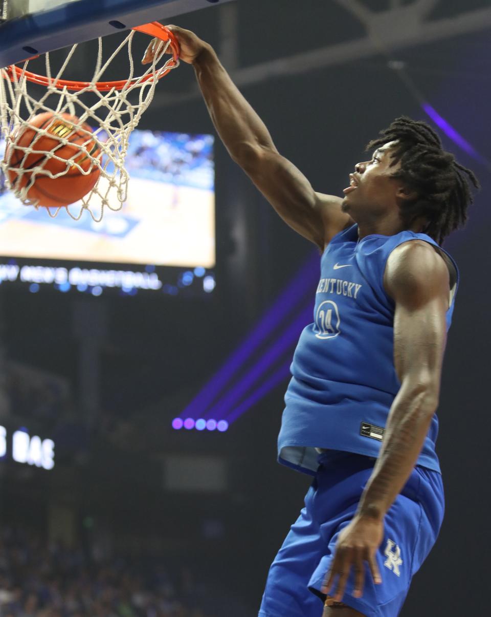 Kentucky’s Chris Livingston slams one home during Big Blue Madness.Oct. 14, 2022