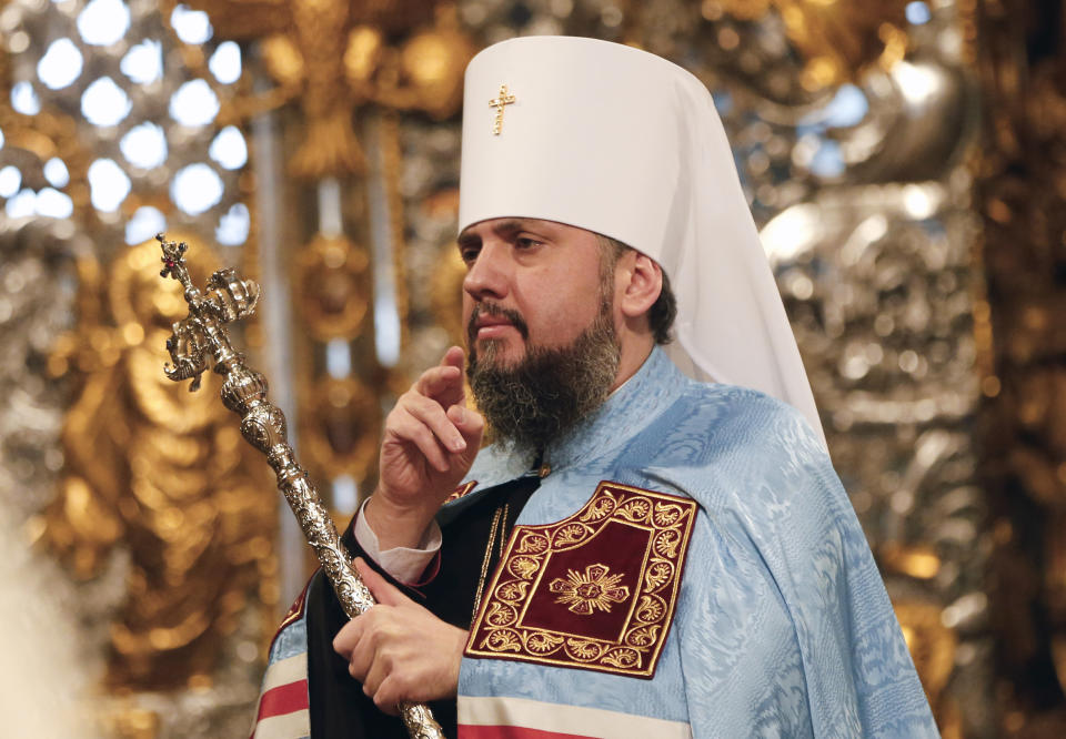 Metropolitan Epiphanius, the head of the independent Ukrainian Orthodox Church, leads the Christmas service in the St. Sophia Cathedral in Kiev, Ukraine, Monday, Jan. 7, 2019. (AP Photo/Efrem Lukatsky)