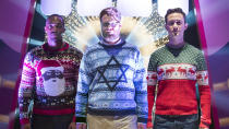 The frat boy world of Seth Rogen meets the festive period, as he joins Joseph Gordon-Levitt and Anthony Mackie as buddies in search of a quasi-mythical Christmas Eve party. (Credit: Columbia Pictures)