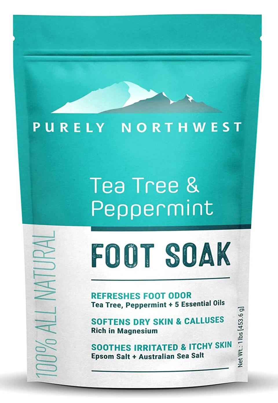 After you give your nails a trim, Austin recommends soaking your feet for 3-5 minutes in warm water to soften your cuticles, making it easier (and less hangnail-inducing) to push them if you prefer to do so. If you want to upgrade your foot soak, you can opt for an Epsom salt bath like this tea tree and peppermint version that's specifically made for feet.You can buy the tea tree oil and peppermint foot soak from Amazon for around $16. 