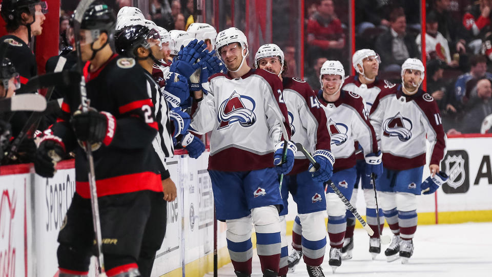 Lars Eller celebrates the easiest goal of his career during the second period of the Avalanche's 5-4 win over the Senators. (Photo by Chris Tanouye/Freestyle Photography/Getty Images)