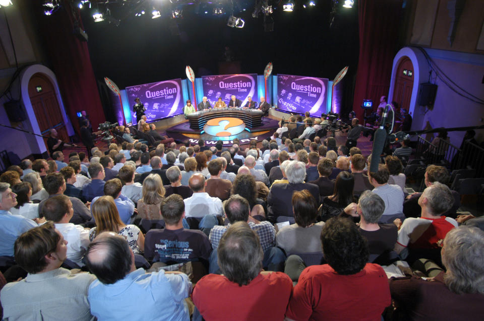 Behind the scene view of Question Time - Question Time studio and audience Newbury 28/05/2004. (Photo by Jeff Overs/BBC News & Current Affairs via Getty Images)