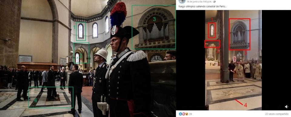 <span>Comparación entre una fotografía de la Catedral de Santa María del Fiore tomada por la AFP (I) y una captura de pantalla de una publicación en Facebook, hecha el 4 de julio de 2024</span>