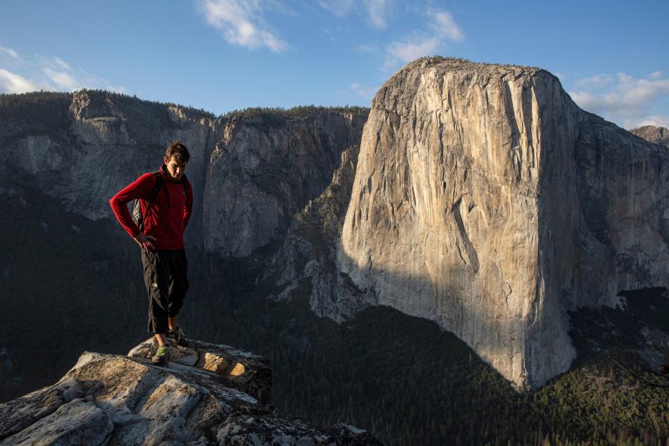 Alex Honnold atop Lower Cathedral with†El Capitan in the background,†Yosemite National Park, CA.  (National Geographic/Samuel Crossley) [Via MerlinFTP Drop]