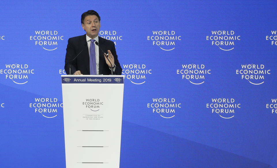 Italian Prime Minister Giuseppe Conte addresses the annual meeting of the World Economic Forum in Davos, Switzerland, Wednesday, Jan. 23, 2019. (AP Photo/Markus Schreiber)