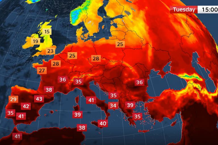 Mapa de las temperaturas en Europa el martes 18 de julio de 2023.