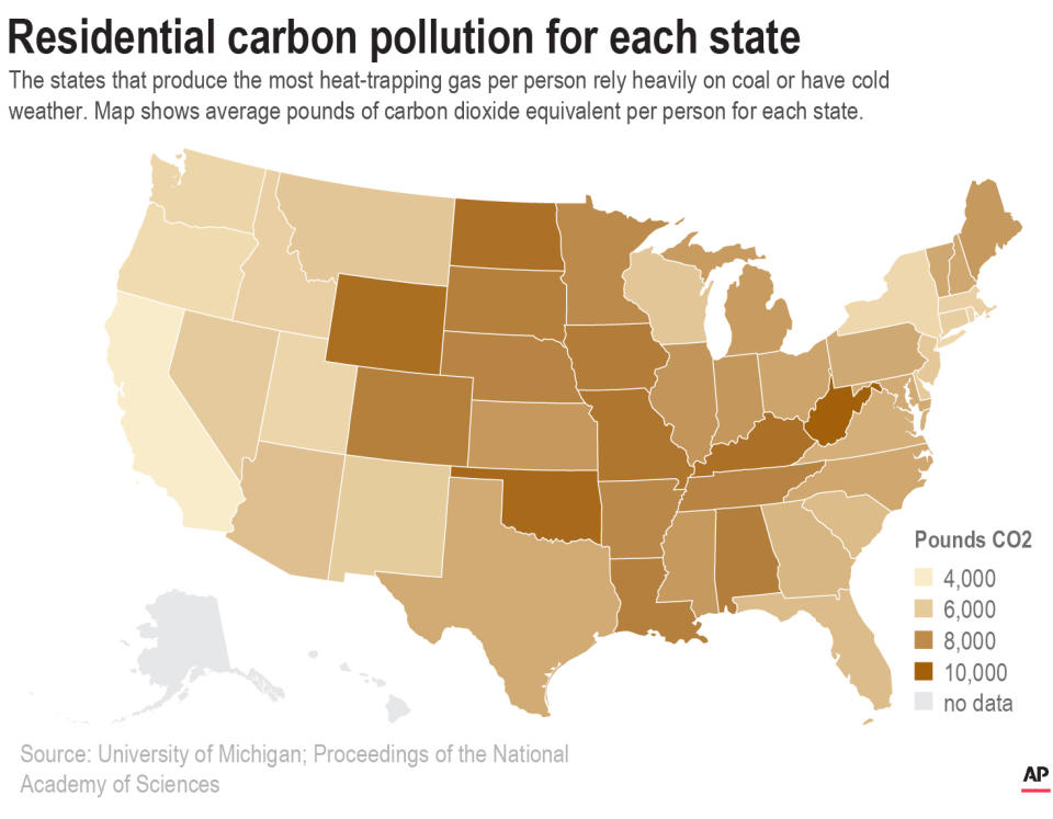 Map shows average pounds of carbon dioxide equivalent per person for each state.;