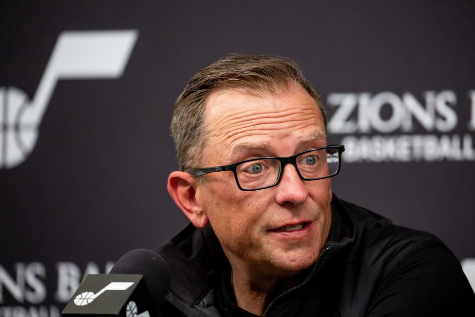 Utah Jazz general manager Justin Zanik speaks during an end-of-season press conference at the Zions Bank Basketball Campus in Salt Lake City on Wednesday, April 12, 2023. | Spenser Heaps, Deseret News