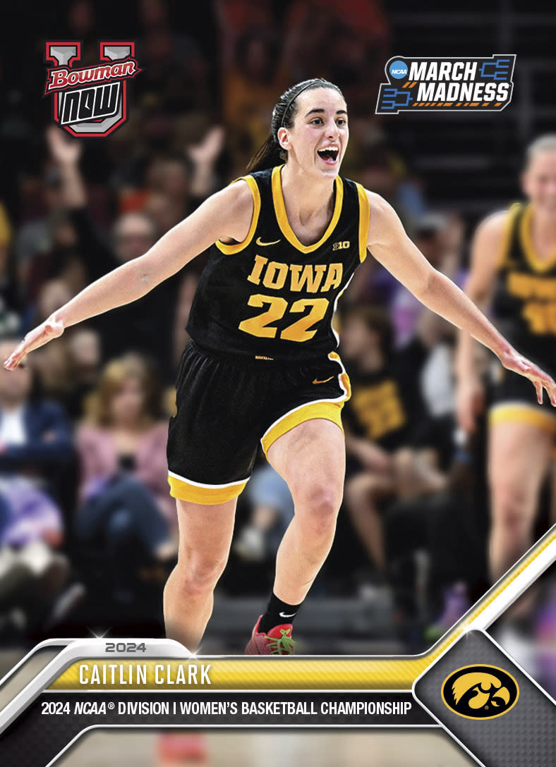 This photo Courtesy of Topps shows a Topps trading card featuring basketball star Caitlin Clark. The NCAA entered into its first NIL licensing deal allowing the use of the March Madness logo to Topps trading cards featuring basketball stars Caitlin Clark, Angel Reese, Zach Eddy and Tristen Newton.(Courtesy of Topps via AP)