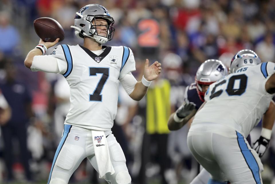 The Carolina Panthers will start second-year quarterback Kyle Allen on Sunday. (AP)