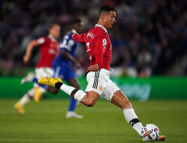 Cristiano Ronaldo shoots at goal against Leicester