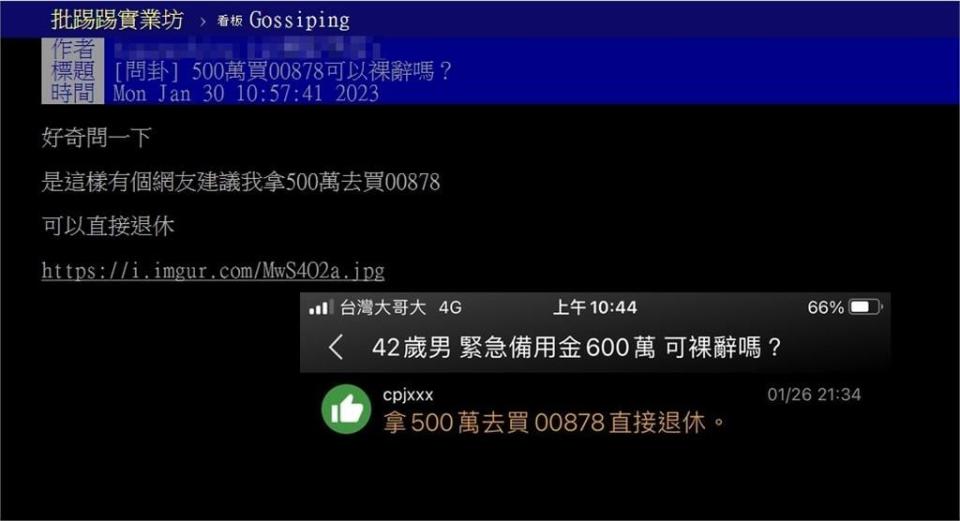 他問500萬買00878「可以裸辭嗎」？鄉民算完直搖頭：不如買這檔