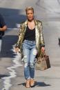 <p> While out and about in Los Angeles in 2019 Jada opted for another great metallic look. Her statement blazer pairs perfectly with a simple black tee and skinny jeans for a glam everyday outfit. </p>