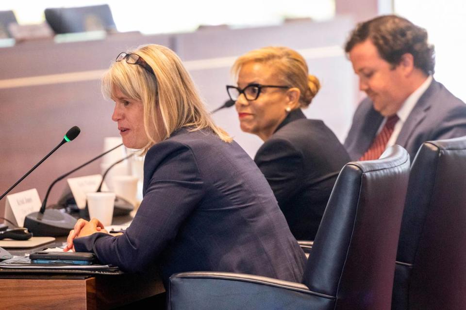 From left, SBI’s General Counsel Angel Gray, Gov. Roy Cooper’s Chief of Staff Kristi Jones, center, and General Counsel Eric Fletcher, respond to accusations of meddling in the SBI by its Director Bob Schurmeier Tuesday, May 2, 2023 at the State Legislative Building.