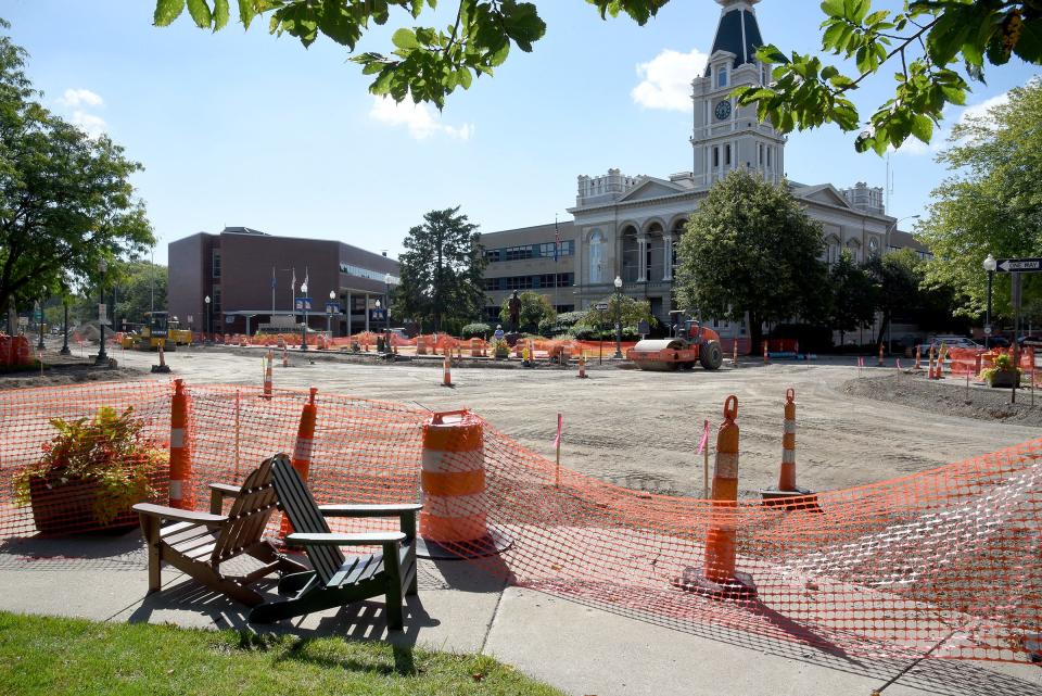 Construction is taking place on 1st and Washington street at the Monroe County Courthouse and Loranger Square where the brickwork has been removed for repaving in downtown Monroe.