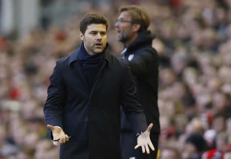 Football Soccer - Liverpool v Tottenham Hotspur - Barclays Premier League - Anfield - 2/4/16 Tottenham manager Mauricio Pochettino and Liverpool manager Juergen Klopp Action Images via Reuters / Carl Recine Livepic EDITORIAL USE ONLY. No use with unauthorized audio, video, data, fixture lists, club/league logos or "live" services. Online in-match use limited to 45 images, no video emulation. No use in betting, games or single club/league/player publications. Please contact your account representative for further details.