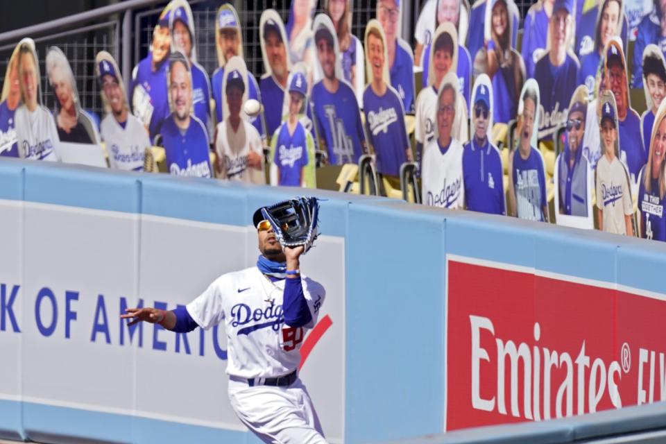 Mookie Betts makes a catch against the San Francisco Giants on Aug. 9.