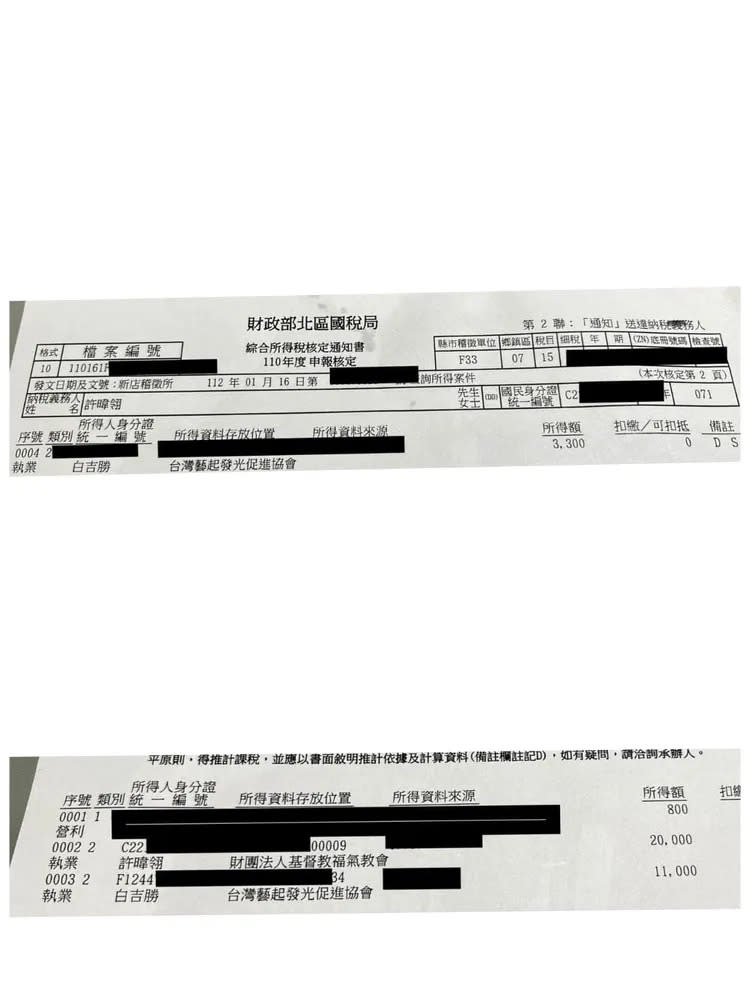 國稅局通知書。翻攝阿Ben徐小可臉書