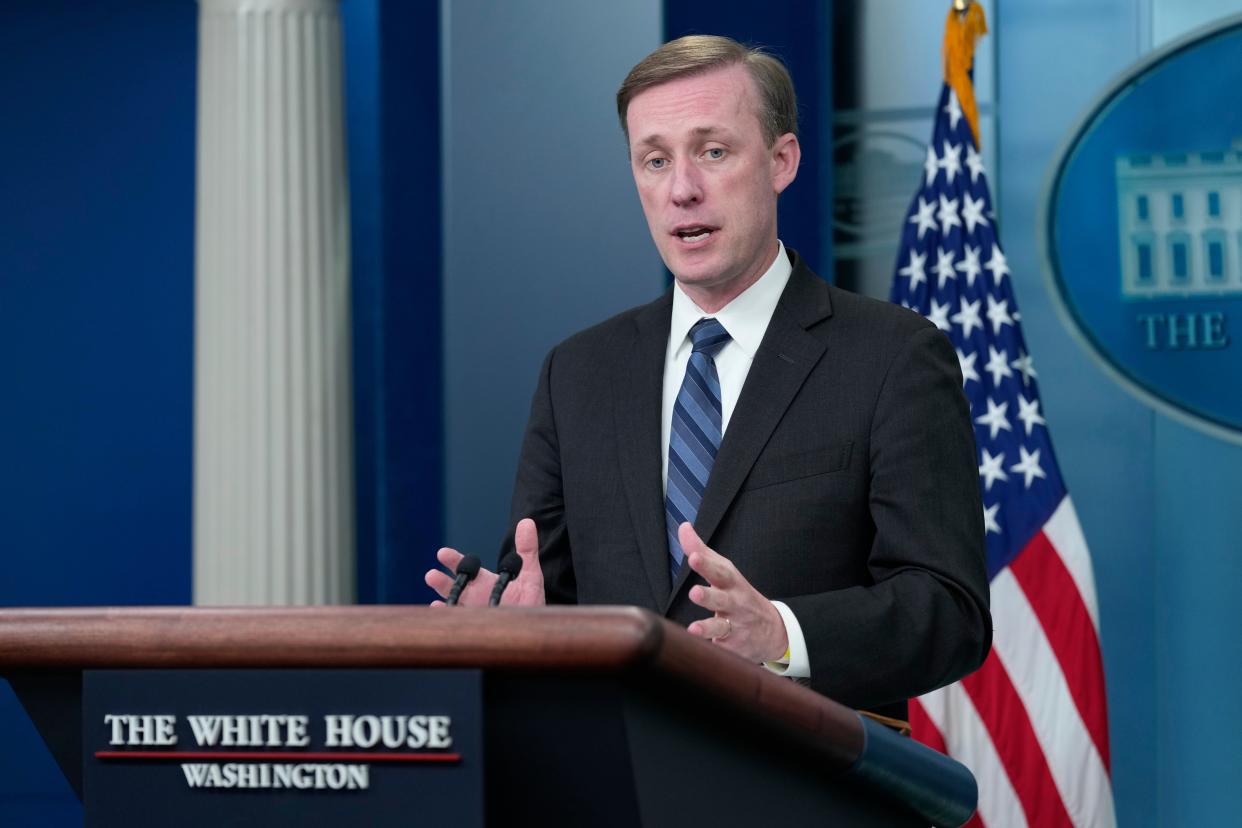 White House national security adviser Jake Sullivan speaks during the daily briefing at the White House in Washington (AP)