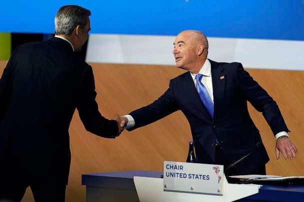 PHOTO: Homeland Security Secretary Alejandro Mayorkas, right, shakes hands with Dominican Republic President Luis Abinader during a plenary session at the Summit of the Americas, June 10, 2022, in Los Angeles. (Marcio Jose Sanchez/AP, FILE)