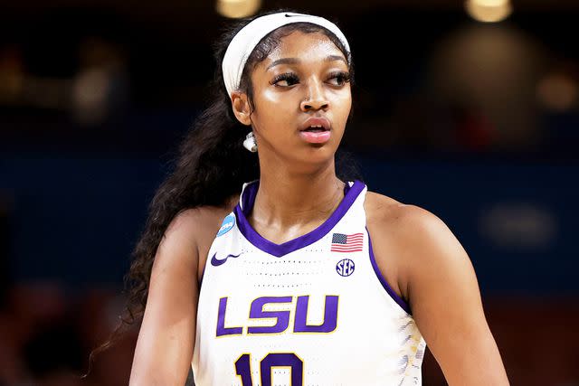 <p>Maddie Meyer/Getty</p> Angel Reese #10 of the LSU Lady Tigers looks on during the third quarter against the Miami Hurricanes in the Elite Eight round of the NCAA Women's Basketball Tournament at Bon Secours Wellness Arena on March 26, 2023 in Greenville, South Carolina.