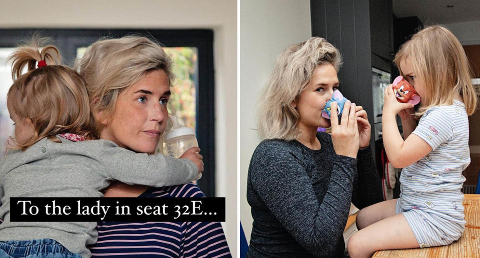 A photo of Mum and journalist Anna Whitehouse with her toddler. Another photo with her and her young daughter drinking tea.