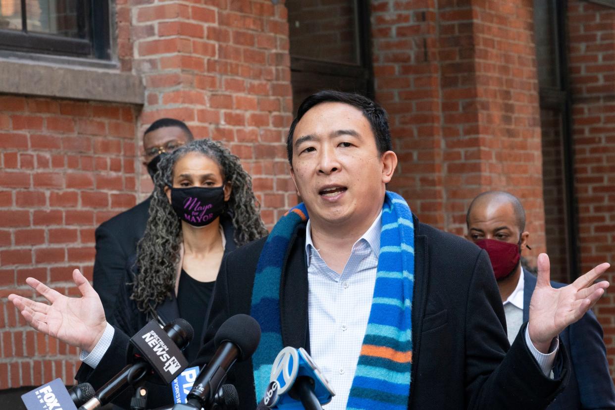 Democratic mayoral candidates Andrew Yang, and Maya Wiley, left, hold a news conference, Thursday, March 11, in the Dumbo neighborhood of New York. 