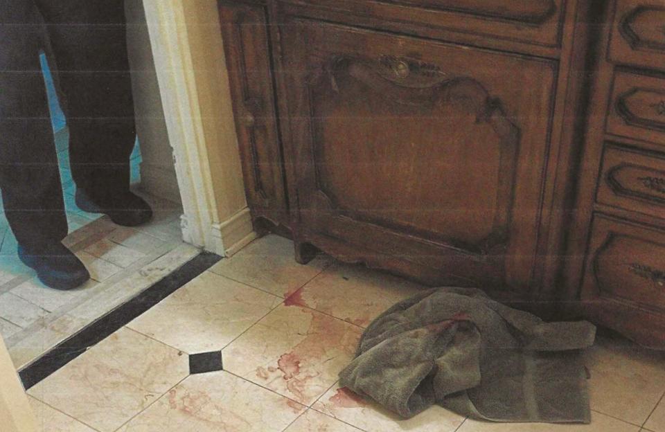 What appears to be blood on the floor of Alison Weinsweig's apartment.