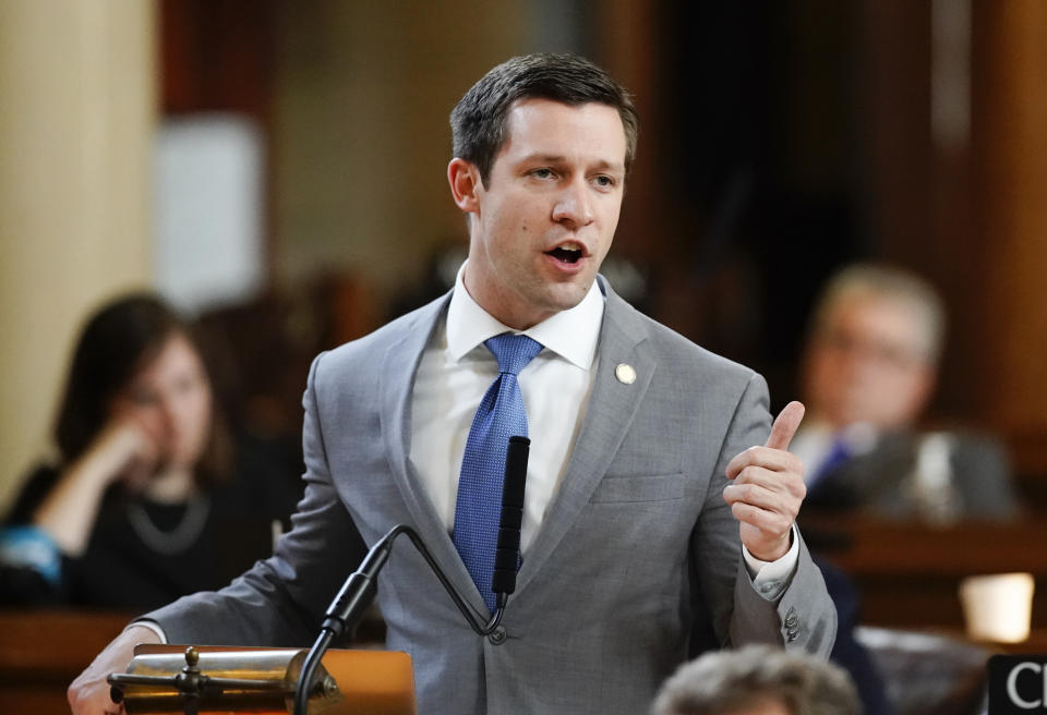FILE - Sen. Adam Morfeld of Lincoln speaks during a budget debate at the Legislature in Lincoln, Neb., Wednesday, March 28, 2018. A judge has dismissed a defamation lawsuit Wednesday, Sept. 27, 2023, filed by Hunt against a conservative political action committee that labeled her a child groomer and sexual abuser in online posts. Hunt's attorney and former colleague in the Legislature, Morfeld, said he and Hunt were surprised by the ruling and are considering an appeal. (AP Photo/Nati Harnik, File)