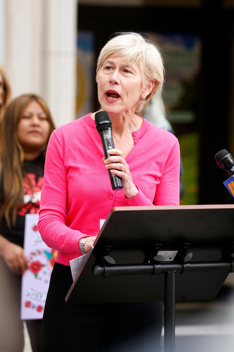 U.S. Rep. Deborah Ross, D-N.C., speaks at a rally at Bicentennial Plaza put on by Planned Parenthood South Atlantic in response to a bill before the North Carolina Legislature, Wednesday, May 3, 2023, in Raleigh, N.C. (AP Photo/Karl B DeBlaker)
