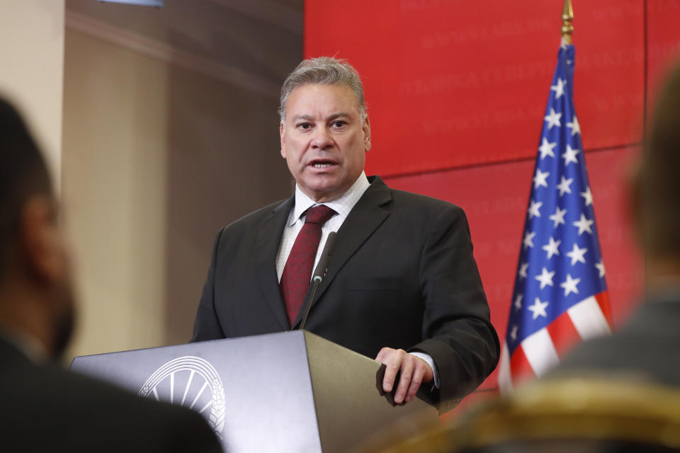 Gabriel Escobar, U.S. Deputy Assistant of the State for Balkan policy, speaks for the media during a joint news conference with North Macedonia's Prime Minister Dimitar Kovacevski, at the Government building in Skopje, North Macedonia, on Friday, Aug. 25. 2023. The senior State Department official on Friday voiced hope that North Macedonia will be able to approve politically difficult changes to the constitution that would help its bid to join the European Union. (AP Photo/Boris Grdanoski)