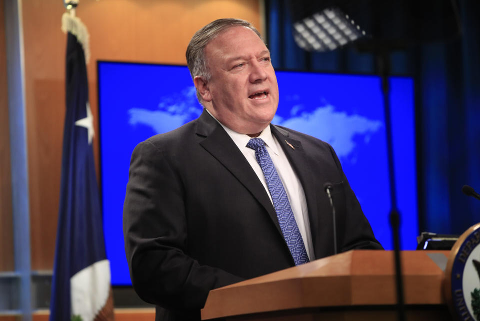 Secretary of State Mike Pompeo speaks during a news conference at the State Department in Washington, Wednesday, Aug. 5, 2020. (AP Photo/Pablo Martinez Monsivais, Pool)