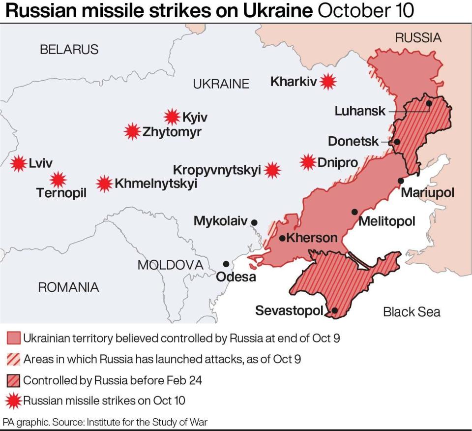 This map shows the locations where Russian missiles struck Ukrainian territory (PA)