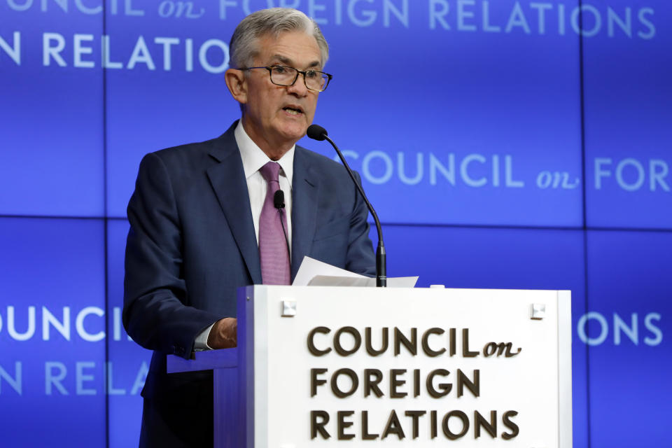 Federal Reserve Chair Jerome Powell speaks on the economy outlook and monetary policy review at the Council on Foreign Relations, in New York, Tuesday, June 25, 2019. (AP Photo/Richard Drew)