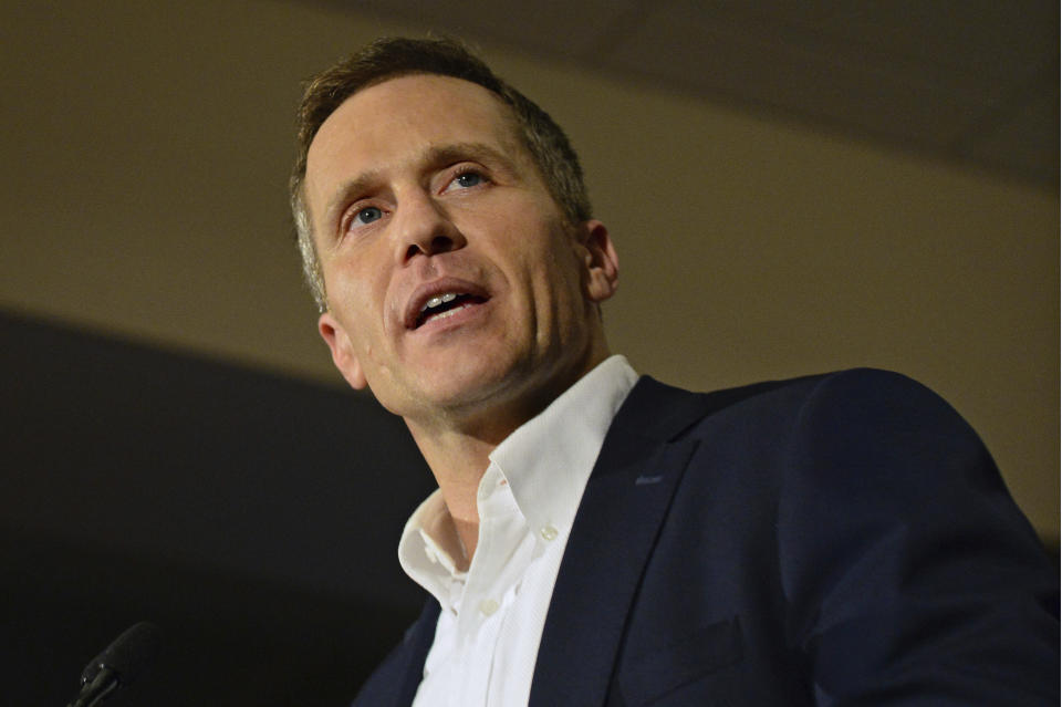 FILE - In this Nov. 8, 2016 file photo, Missouri Republican Governor-elect Eric Greitens delivers a victory speech in Chesterfield, Mo. Greitens, has promised to sign a right-to-work law when he gets into office. (AP Photo/Jeff Curry, File)