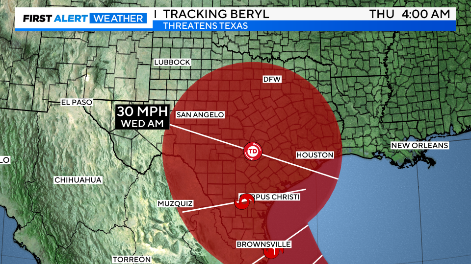 North Texas is now in the five-day outlook cone with Beryl downgrading to a tropical depression next week.   / Credit: CBS News Texas