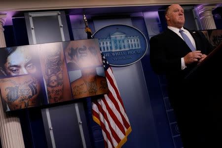 U.S. Immigration and Customs Enforcement (ICE) acting director Thomas Homan addresses U.S. government efforts against the street gang Mara Salvatrucha, or MS-13, during the the daily press briefing at the White House in Washington, U.S. July 27, 2017. REUTERS/Jonathan Ernst