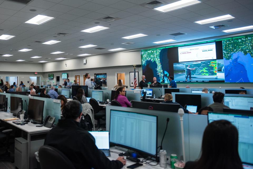 Florida Power & Light employees perform the utility's annual storm drill in the FPL Command Center on Thursday, April 20, 2023 at Florida Power & Light in Riviera Beach, Fla. Ahead of the start of the 2023 hurricane season, FPL officials held the utility's annual storm drill, as well as displayed storm response technologies at its Riviera Beach location.