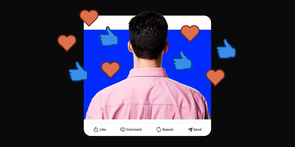 man facing backwards in a LinkedIn post with hearts and thumbs ups surrounding him