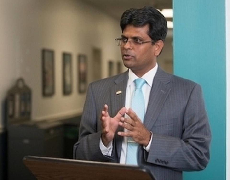 Aswani Volety speaks at a reception in celebration of the approval of two new engineering programs at UNCW in 2018.