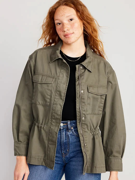 model wears green Cinched-Waist Utility Jacket