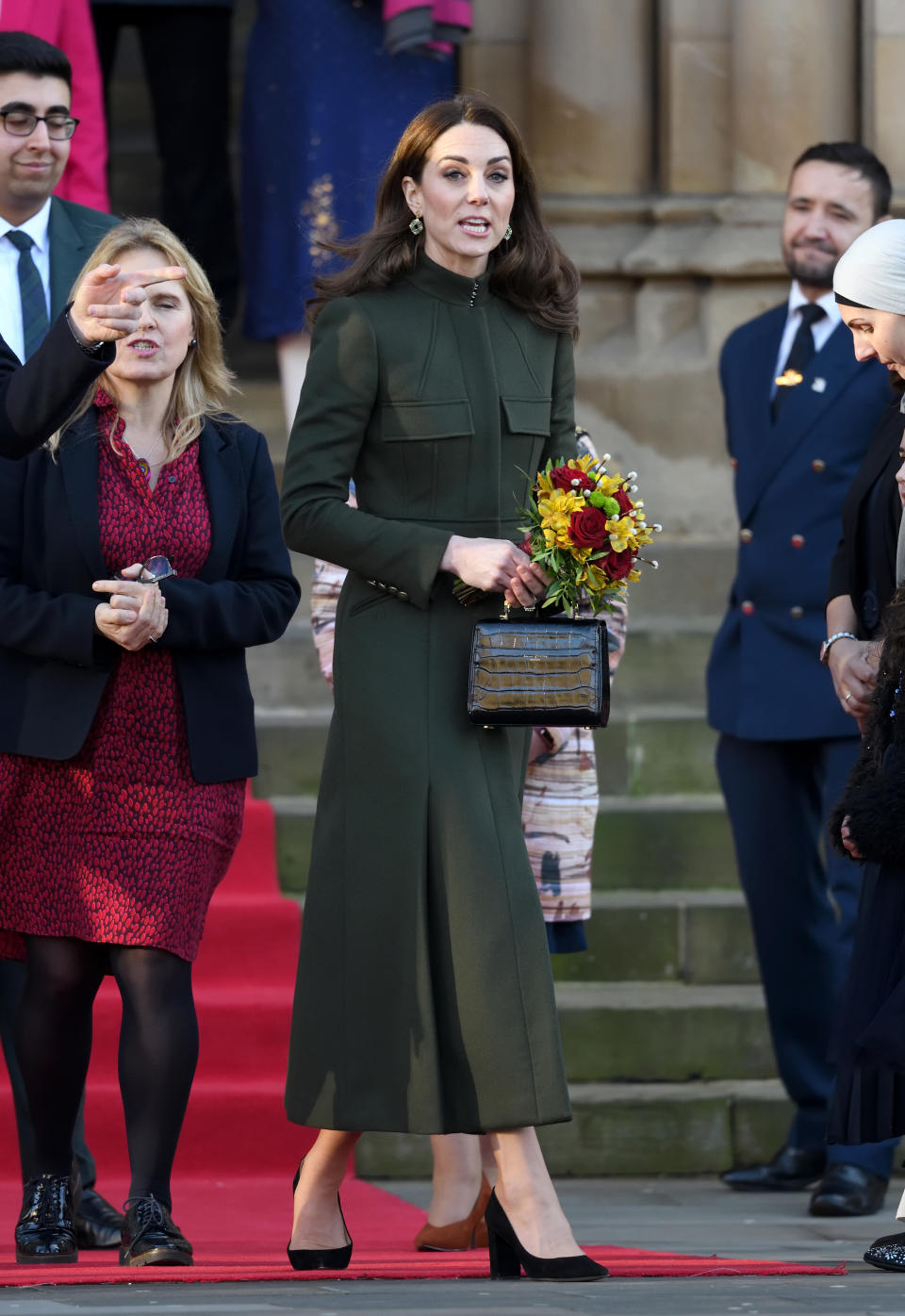 BRADFORD, ENGLAND - JANUARY 15: Catherine, Duchess of Cambridge accompanied by Prince William, Duke of Cambridge meets members of the public outside City Hall during their visit of Bradford on January 15, 2020 in Bradford, United Kingdom. (Photo by Karwai Tang/WireImage)