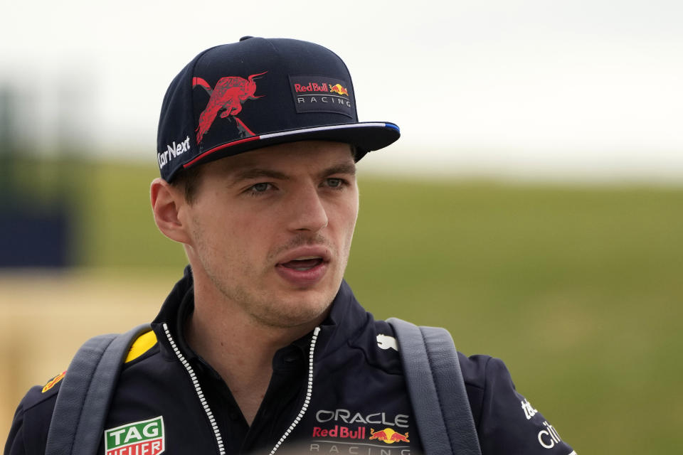 Red Bull driver Max Verstappen of the Netherlands arrives at the Silverstone race track in Silverstone, Thursday, June 30, 2022. The British F1 Grand Prix is held on Sunday July 3,2022. (AP Photo/Frank Augstein)