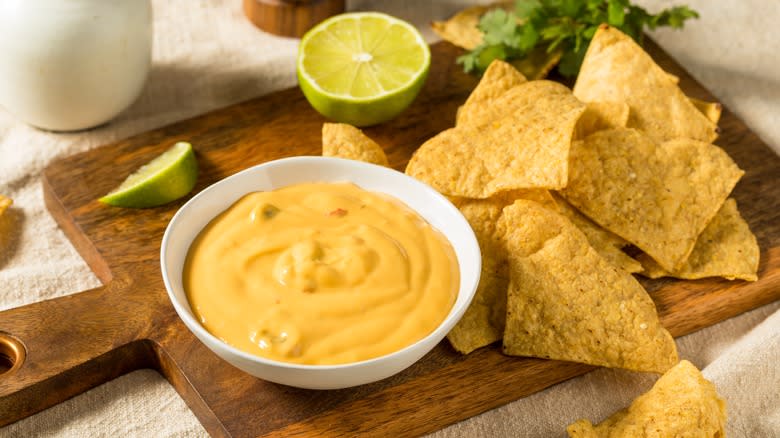 queso on board with chips