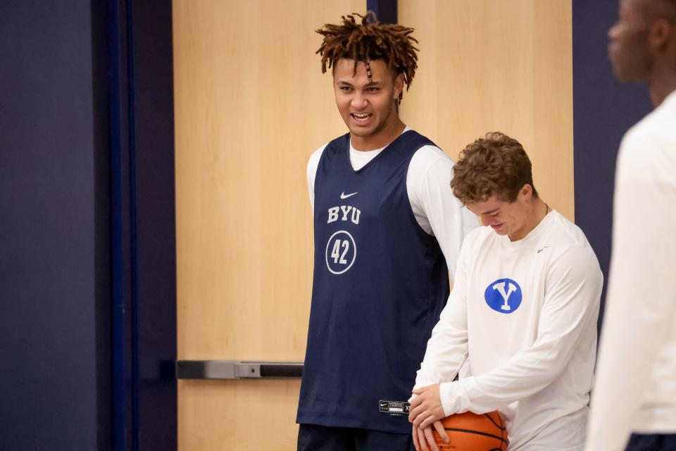 Marcus Adams Jr. stands on the sideline during BYU basketball practice at the Marriott Center Annex Court in Provo on Tuesday, Oct. 3, 2023. | Spenser Heaps, Deseret News
