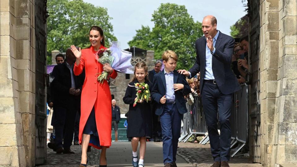 PHOTO: Kate, Duchess of Cambridge, Princess Charlotte, Prince George and Prince William during their visit to Cardiff Castle, June 4, 2022. (Ashley Crowden/PA via AP)
