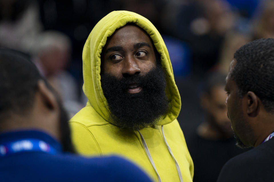 Philadelphia 76ers' James Harden looks on during the second half of an NBA basketball game against the Portland Trail Blazers, Sunday, Oct. 29, 2023, in Philadelphia. (AP Photo/Chris Szagola)